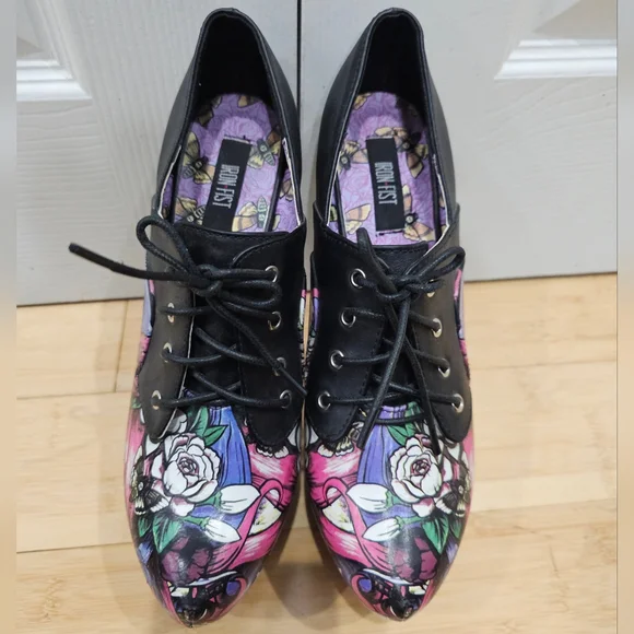 RARE IRON FIST Black Punk Goth Skull Floral Platform Lace Up High Heel Shoes 9 - Picture 2 of 14